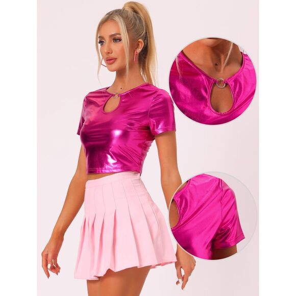 Metallic Crop Tops Keyhole Short Sleeve Party Shiny Holographic Top Rose Red - Picture 2 of 5
